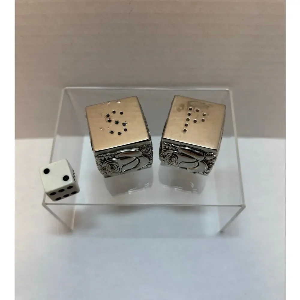 Vintage silver plated cube salt and pepper shakers with holder embossed 3pc set